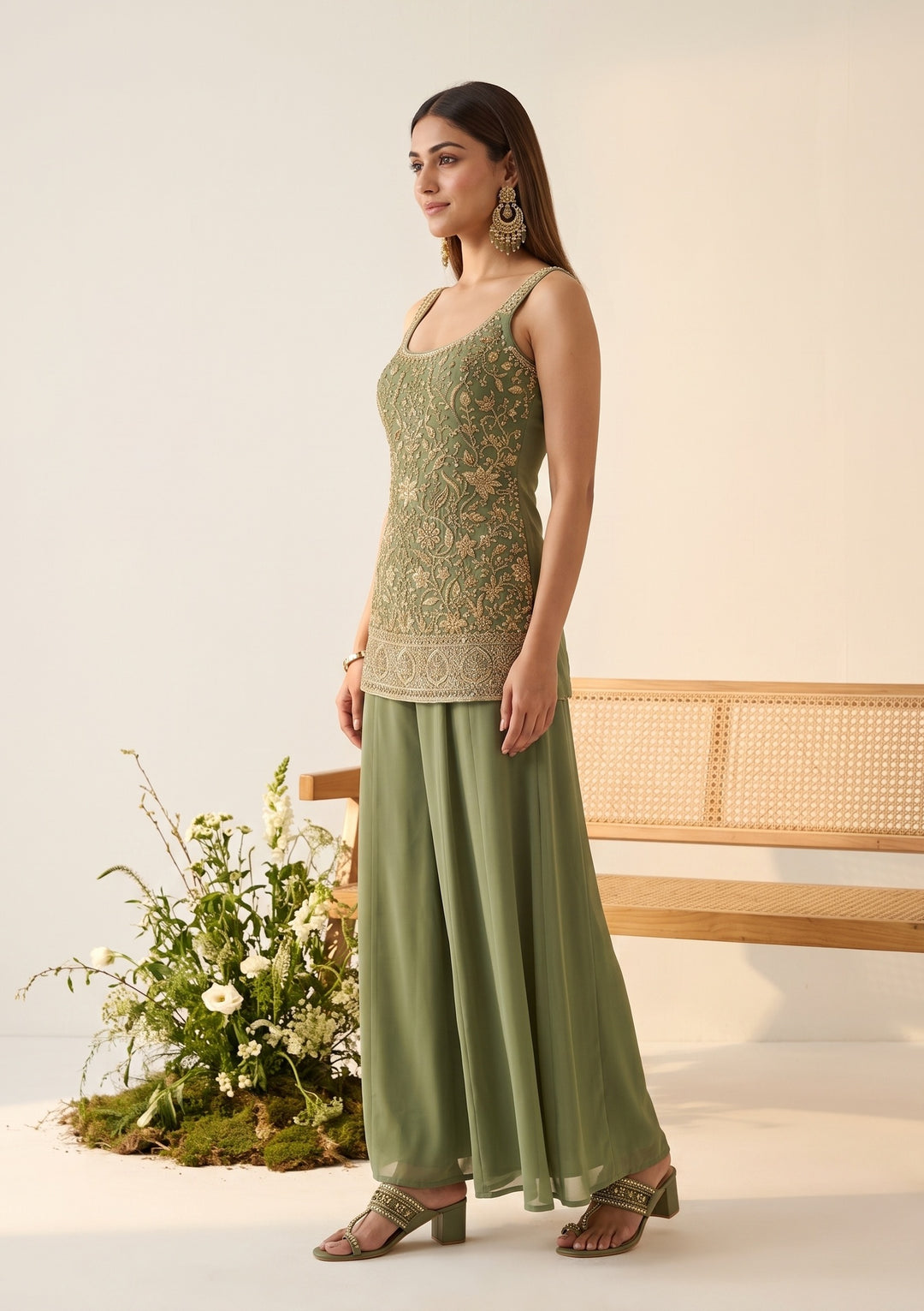 Pista Green Cutdana Georgette Readymade Salwar Suit