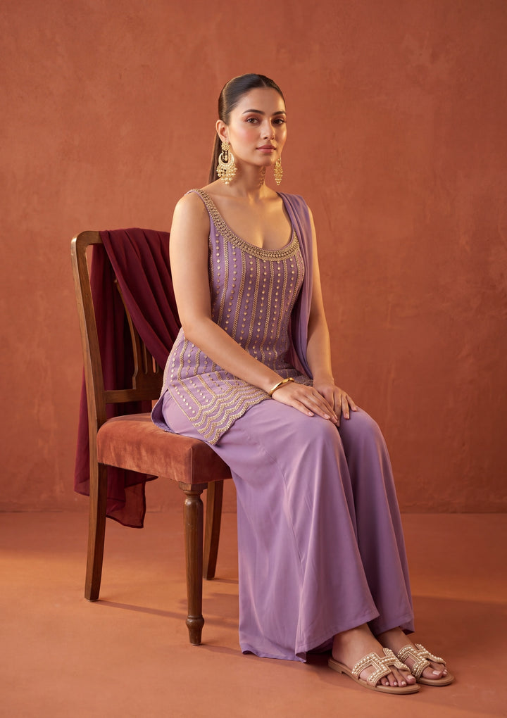 Lavender Cutdana Georgette Readymade Salwar Suit