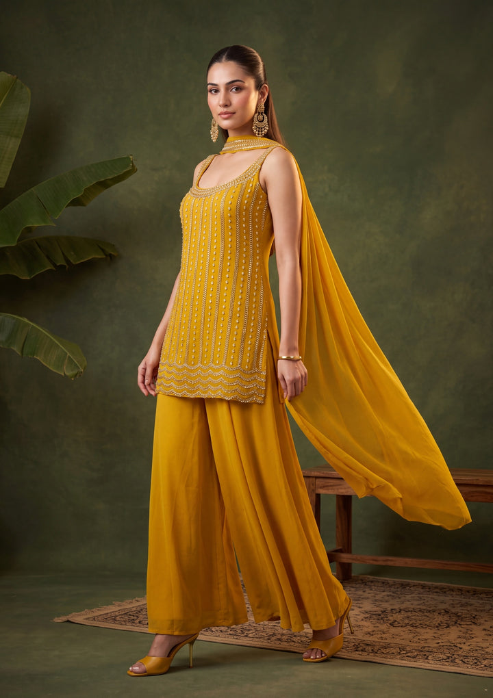 Mustard Yellow Cutdana Georgette Readymade Salwar Suit