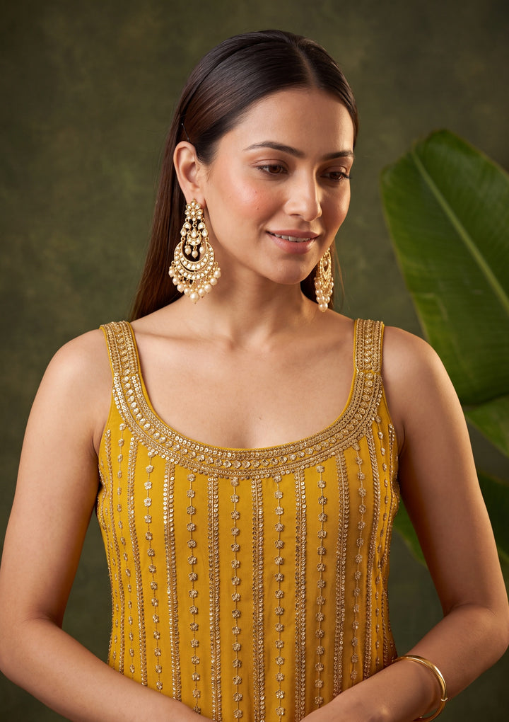 Mustard Yellow Cutdana Georgette Readymade Salwar Suit