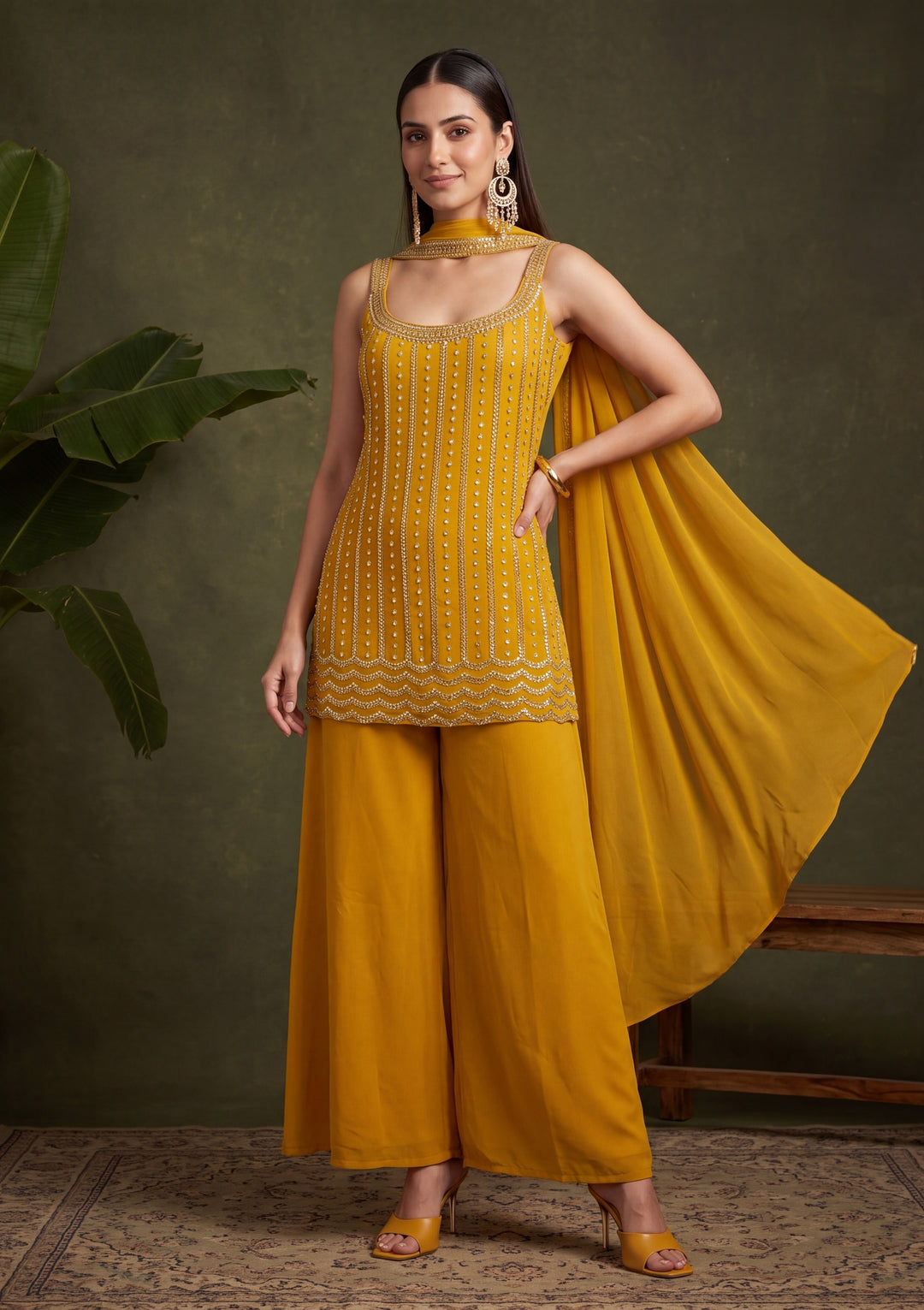 Mustard Yellow Cutdana Georgette Readymade Salwar Suit