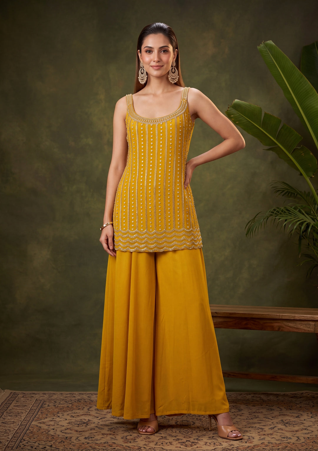 Mustard Yellow Cutdana Georgette Readymade Salwar Suit