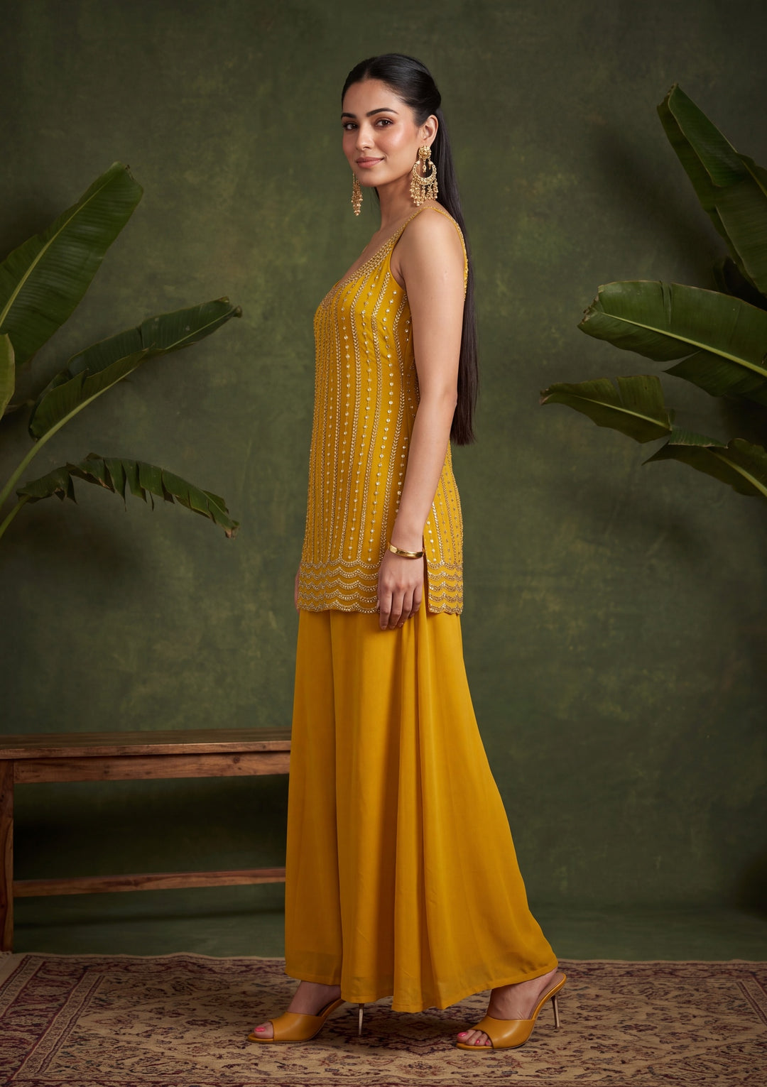 Mustard Yellow Cutdana Georgette Readymade Salwar Suit