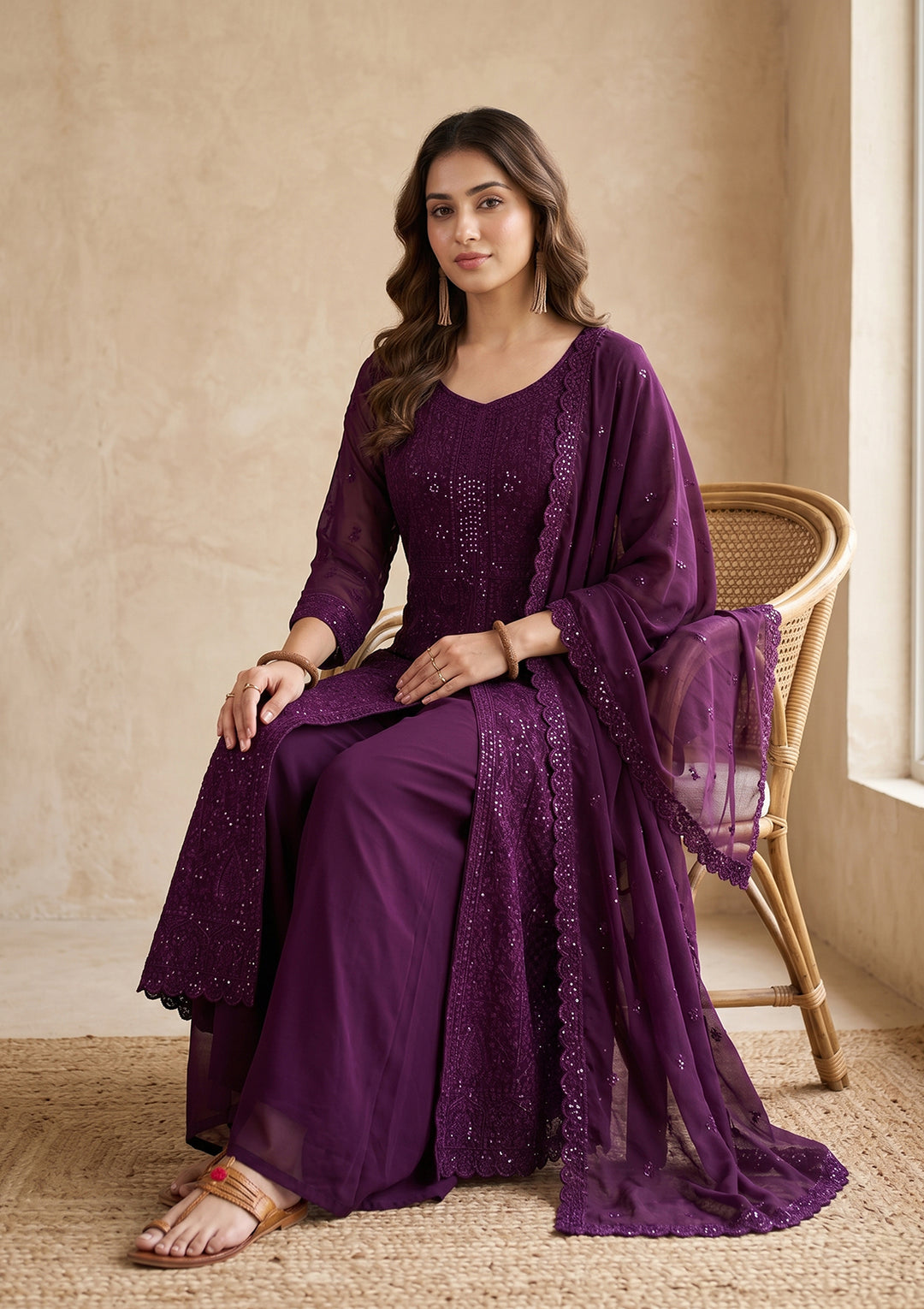 Wine Threadwork Georgette Readymade Salwar Suit
