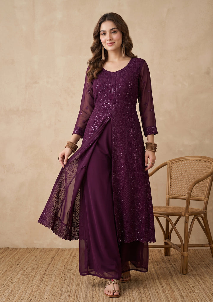 Wine Threadwork Georgette Readymade Salwar Suit
