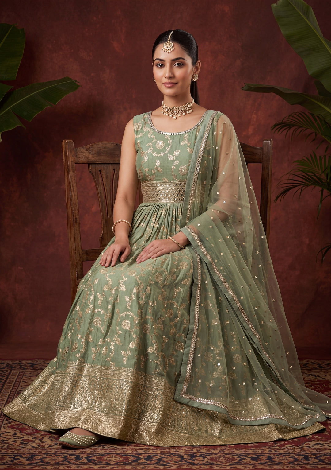 Leaf Green Mirrorwork Silk Readymade Salwar Suit