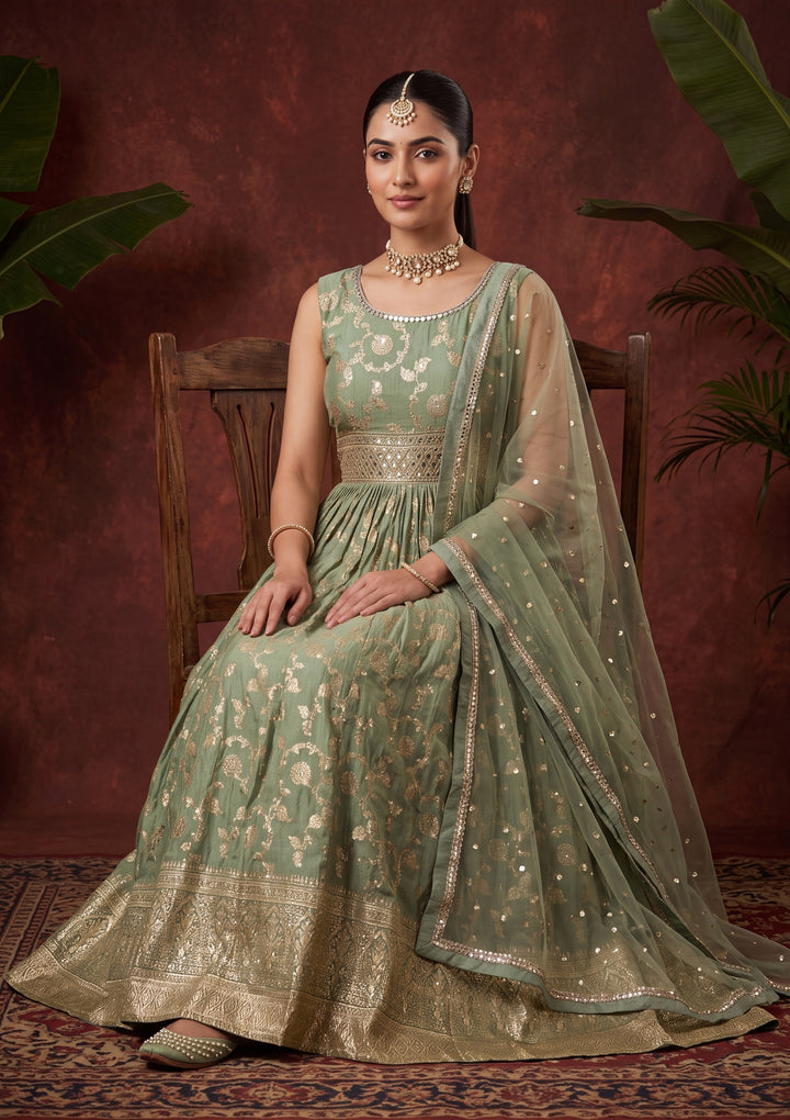 Leaf Green Mirrorwork Silk Readymade Salwar Suit