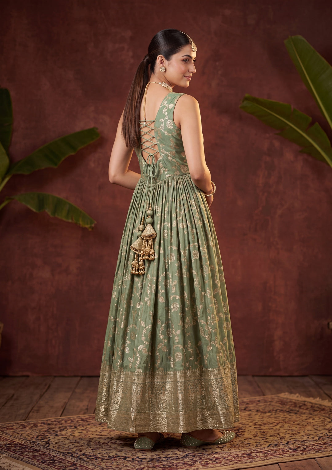 Leaf Green Mirrorwork Silk Readymade Salwar Suit