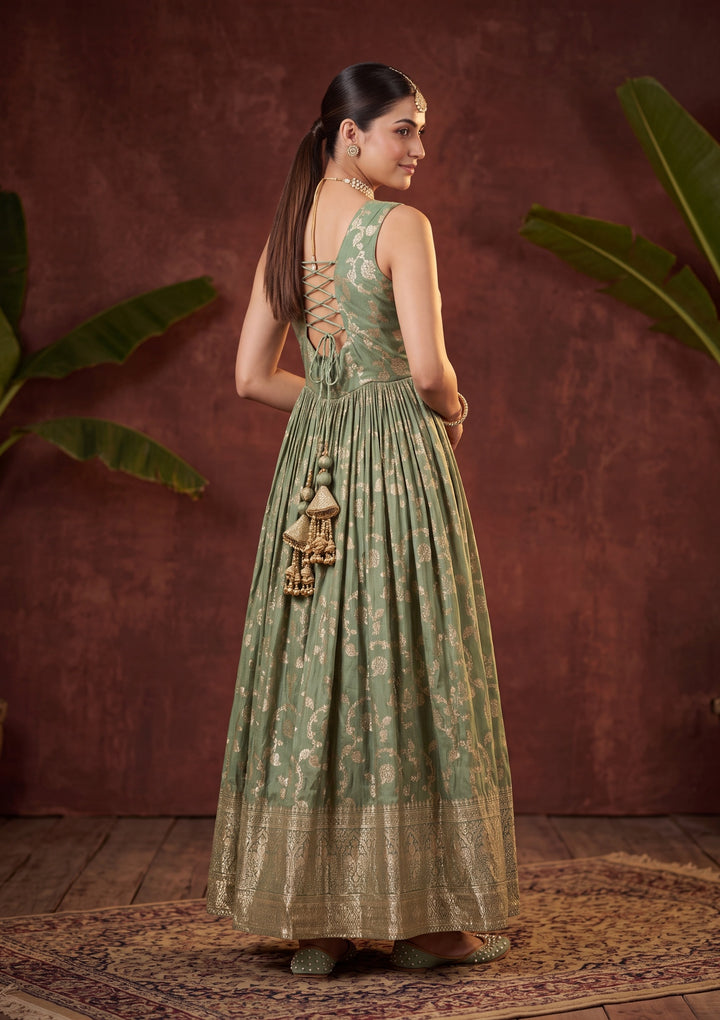 Leaf Green Mirrorwork Silk Readymade Salwar Suit