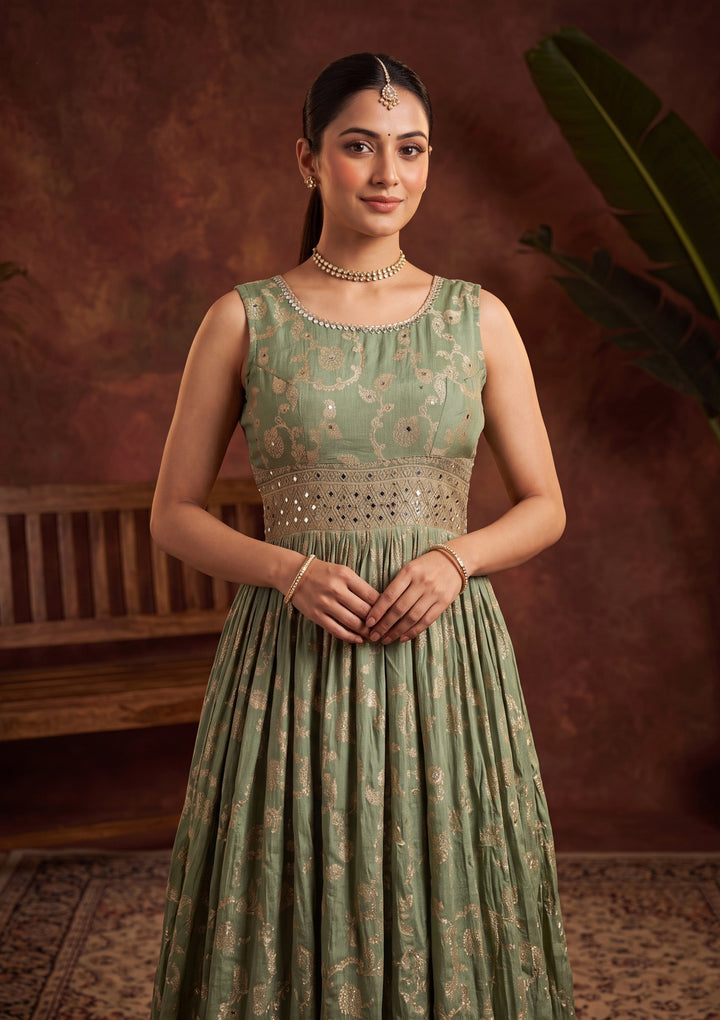 Leaf Green Mirrorwork Silk Readymade Salwar Suit