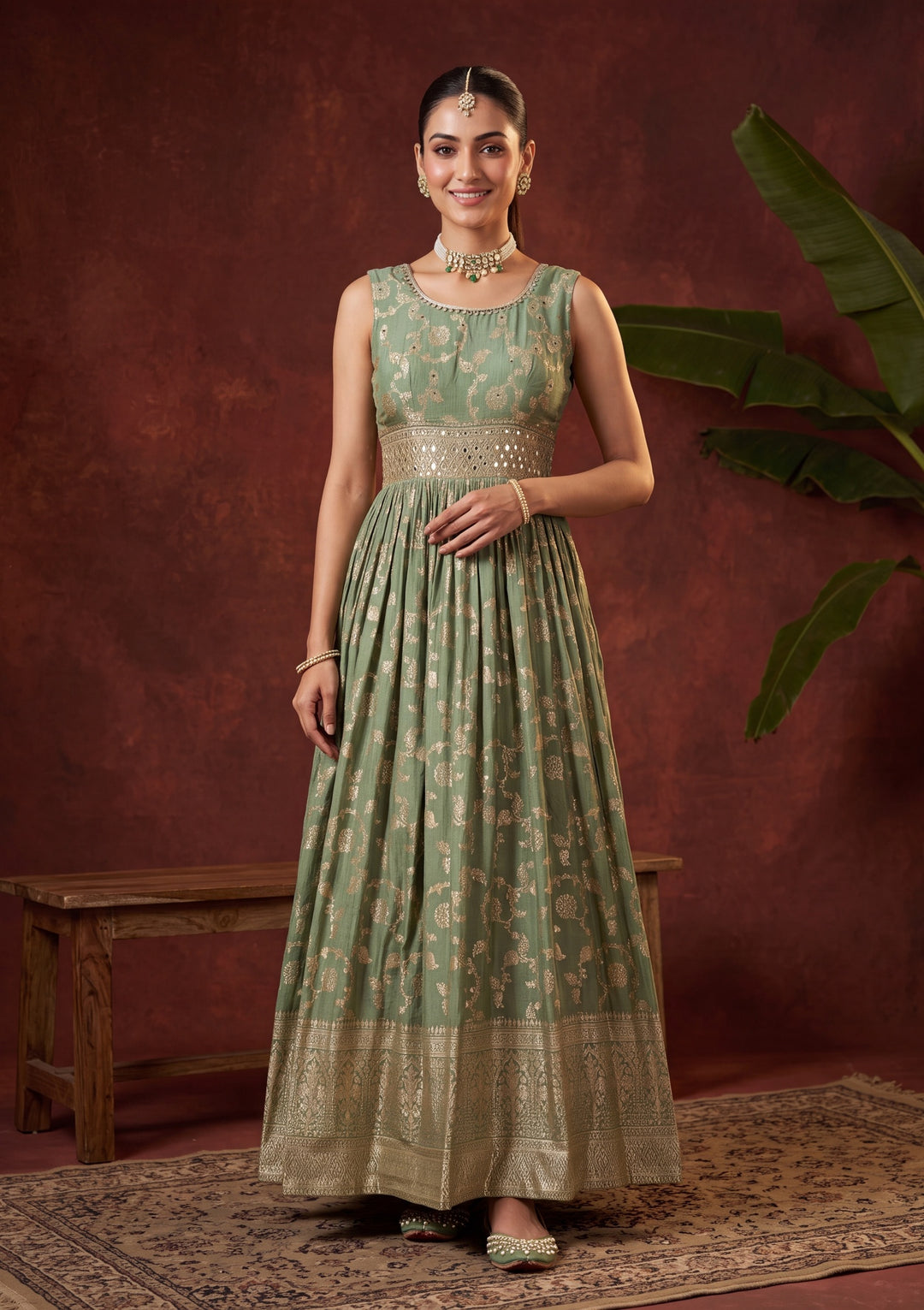 Leaf Green Mirrorwork Silk Readymade Salwar Suit