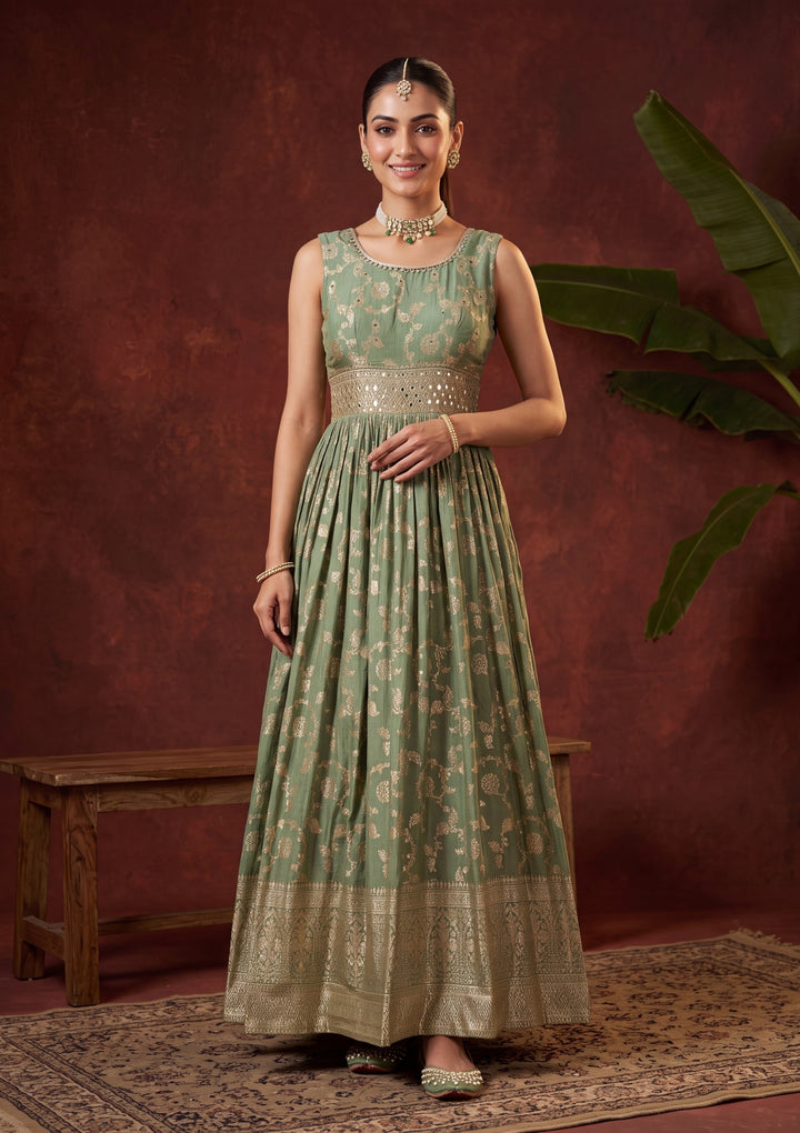 Leaf Green Mirrorwork Silk Readymade Salwar Suit