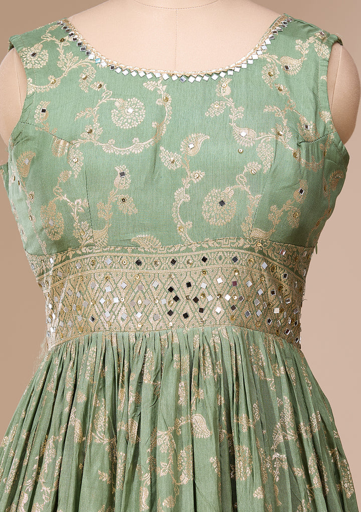 Leaf Green Mirrorwork Silk Readymade Salwar Suit