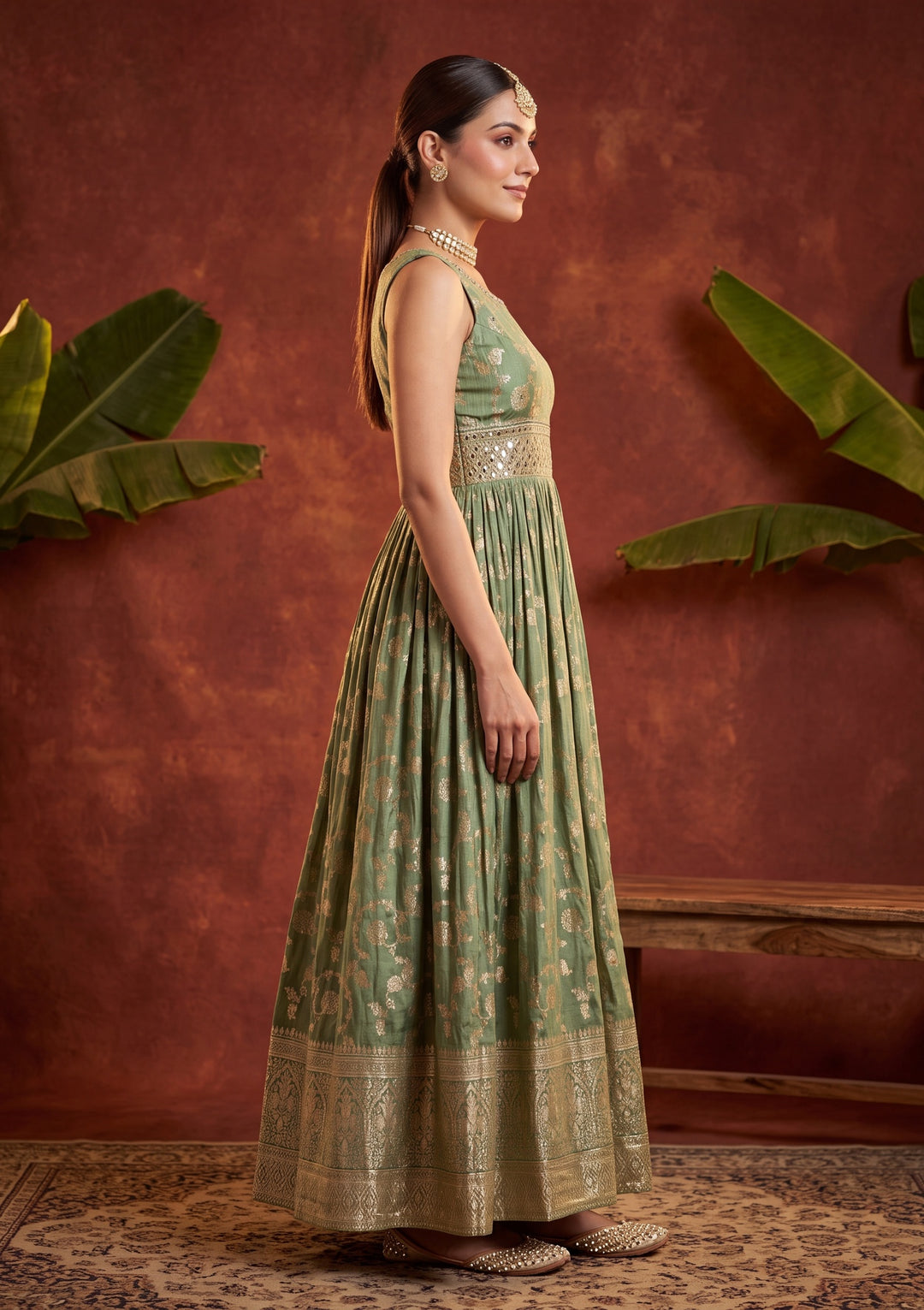 Leaf Green Mirrorwork Silk Readymade Salwar Suit