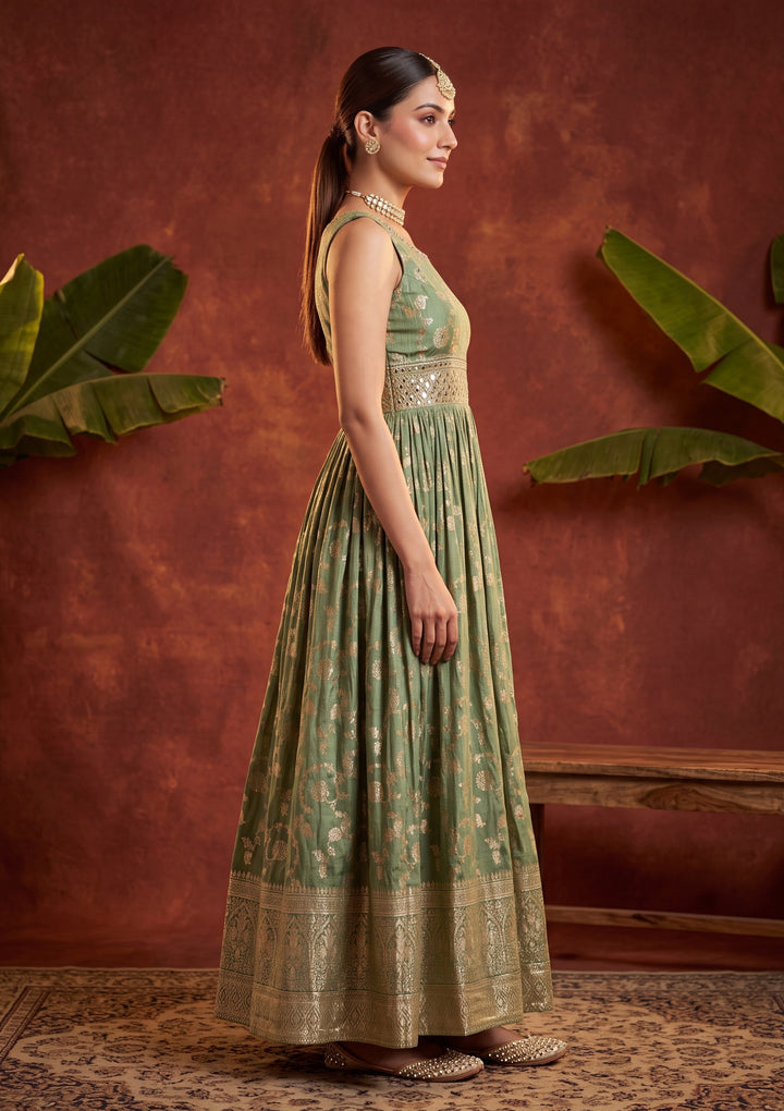 Leaf Green Mirrorwork Silk Readymade Salwar Suit