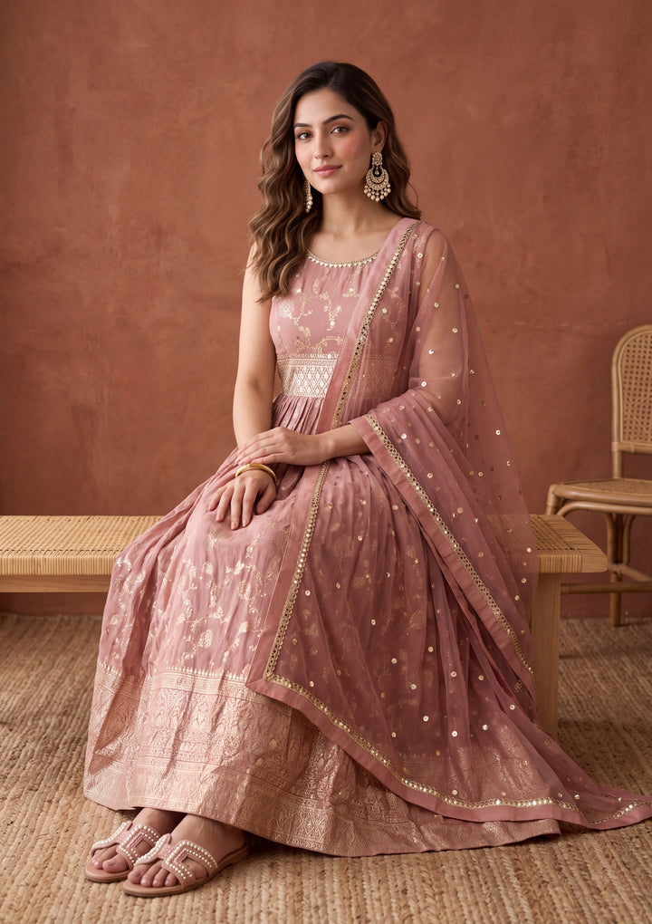 Onion Pink Mirrorwork Silk Readymade Salwar Suit