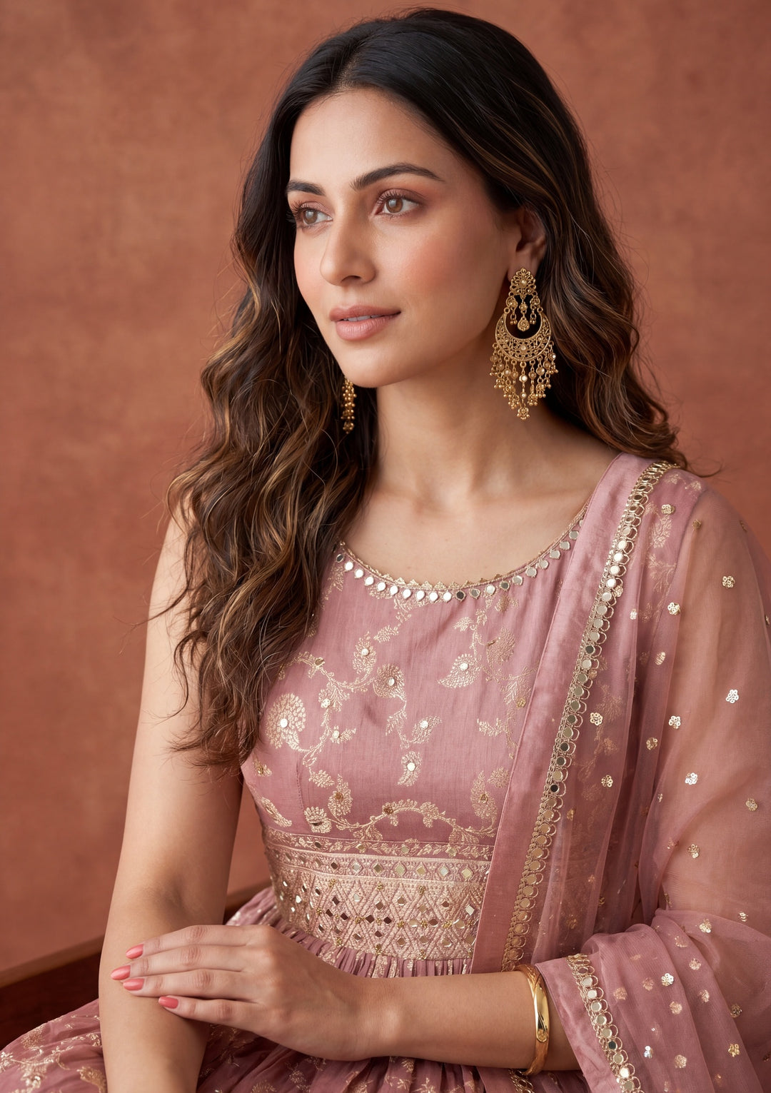 Onion Pink Mirrorwork Silk Readymade Salwar Suit