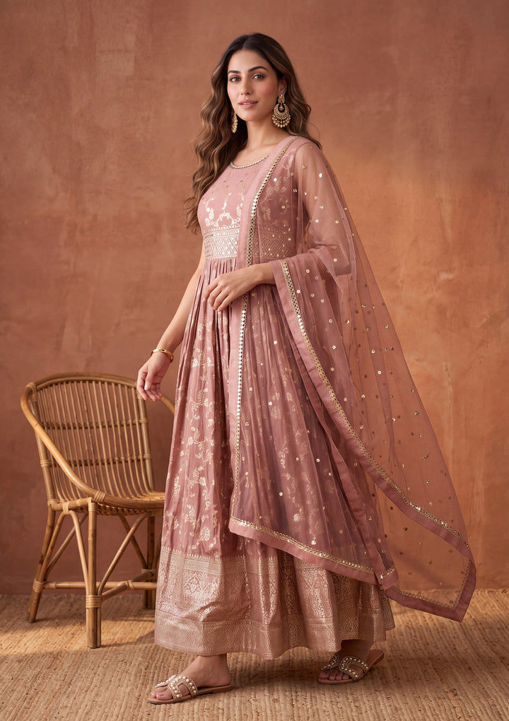 Onion Pink Mirrorwork Silk Readymade Salwar Suit