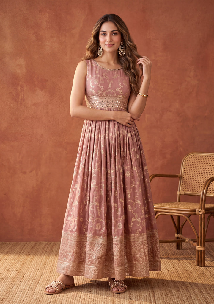 Onion Pink Mirrorwork Silk Readymade Salwar Suit