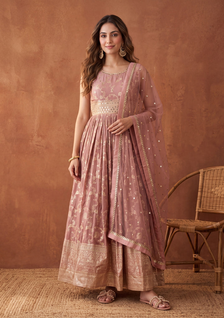 Onion Pink Mirrorwork Silk Readymade Salwar Suit