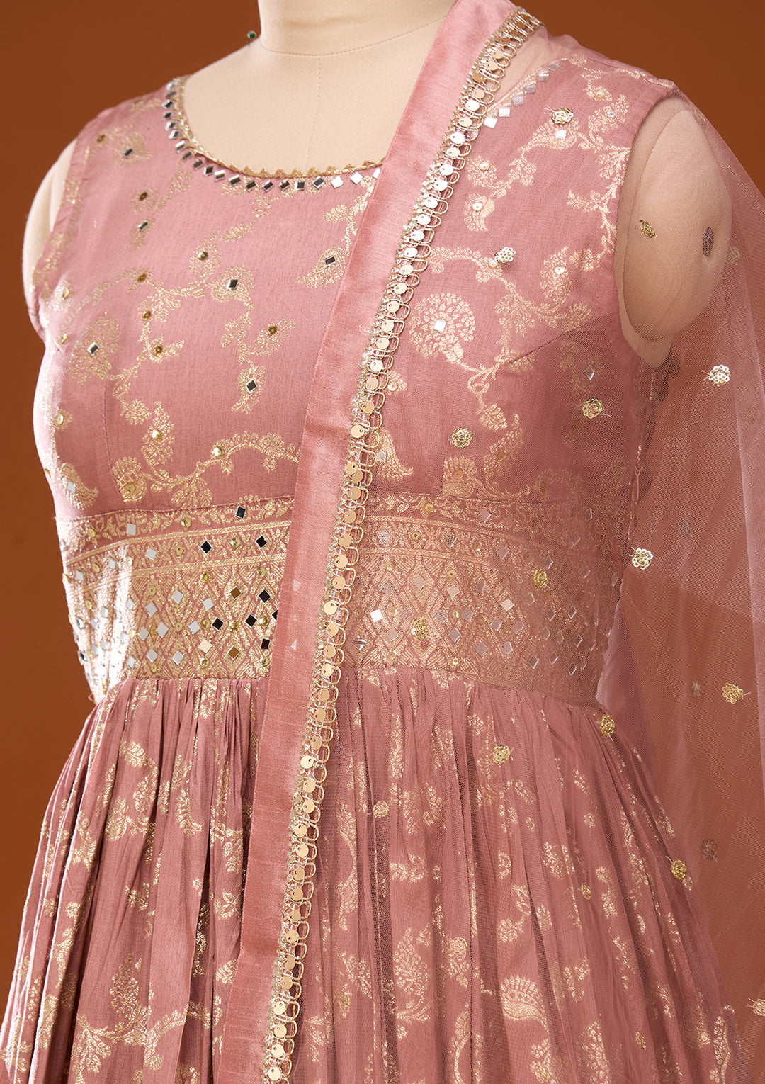 Onion Pink Mirrorwork Silk Readymade Salwar Suit