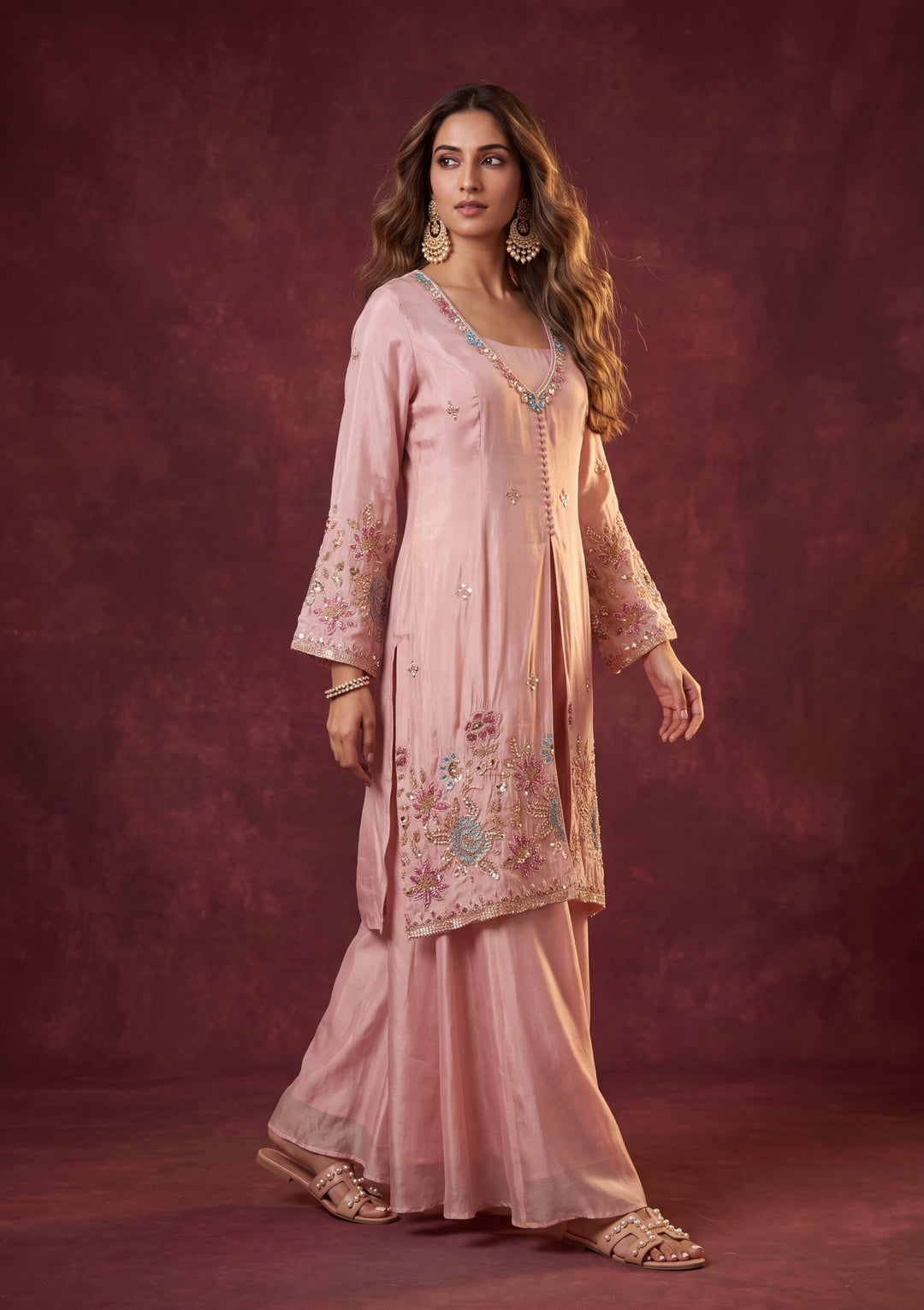 Light Peach Chinon Cutdana Jacket Kurta With Palazzo And Dupatta