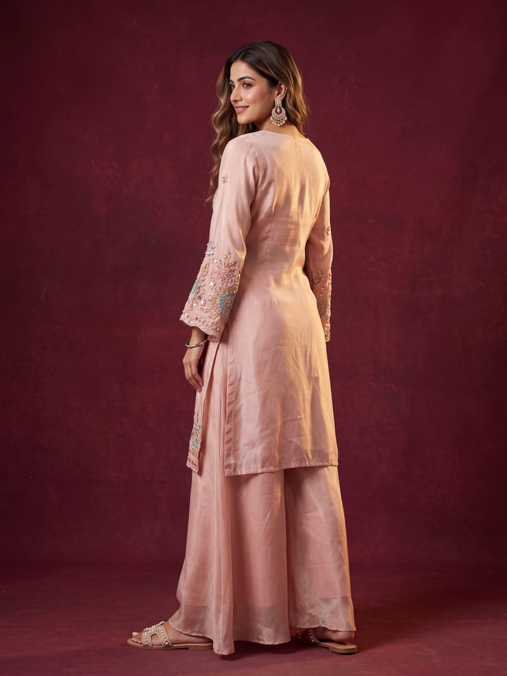 Light Peach Chinon Cutdana Jacket Kurta With Palazzo And Dupatta