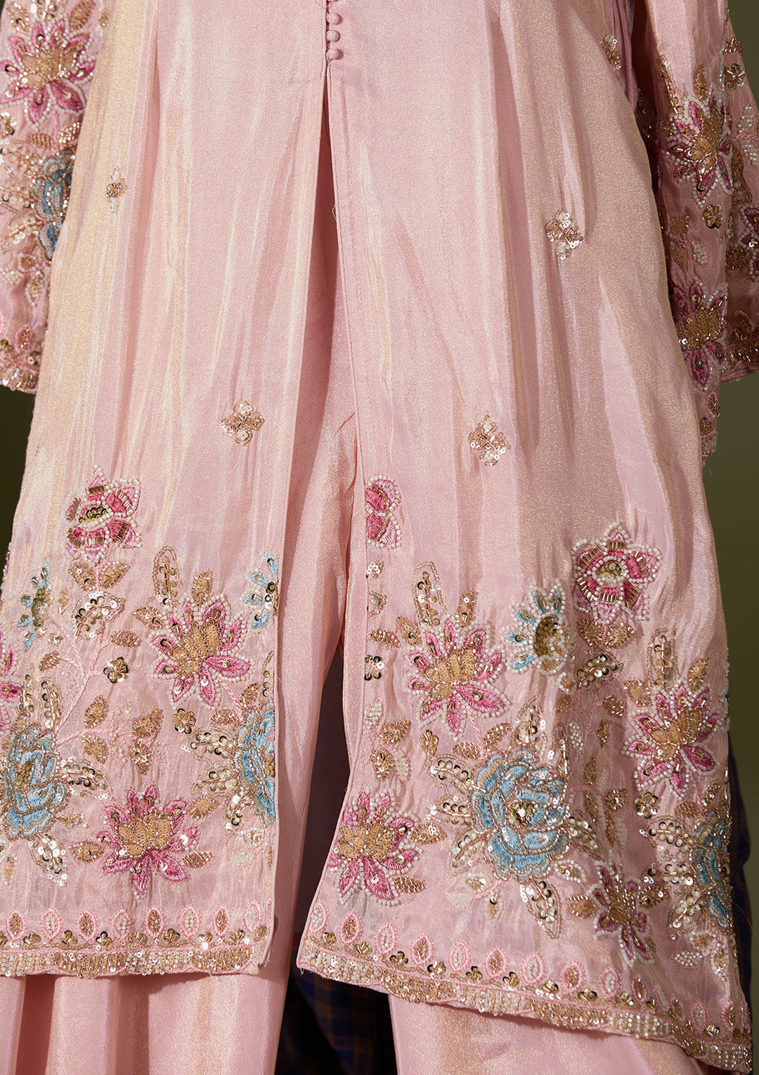 Light Peach Chinon Cutdana Jacket Kurta With Palazzo And Dupatta