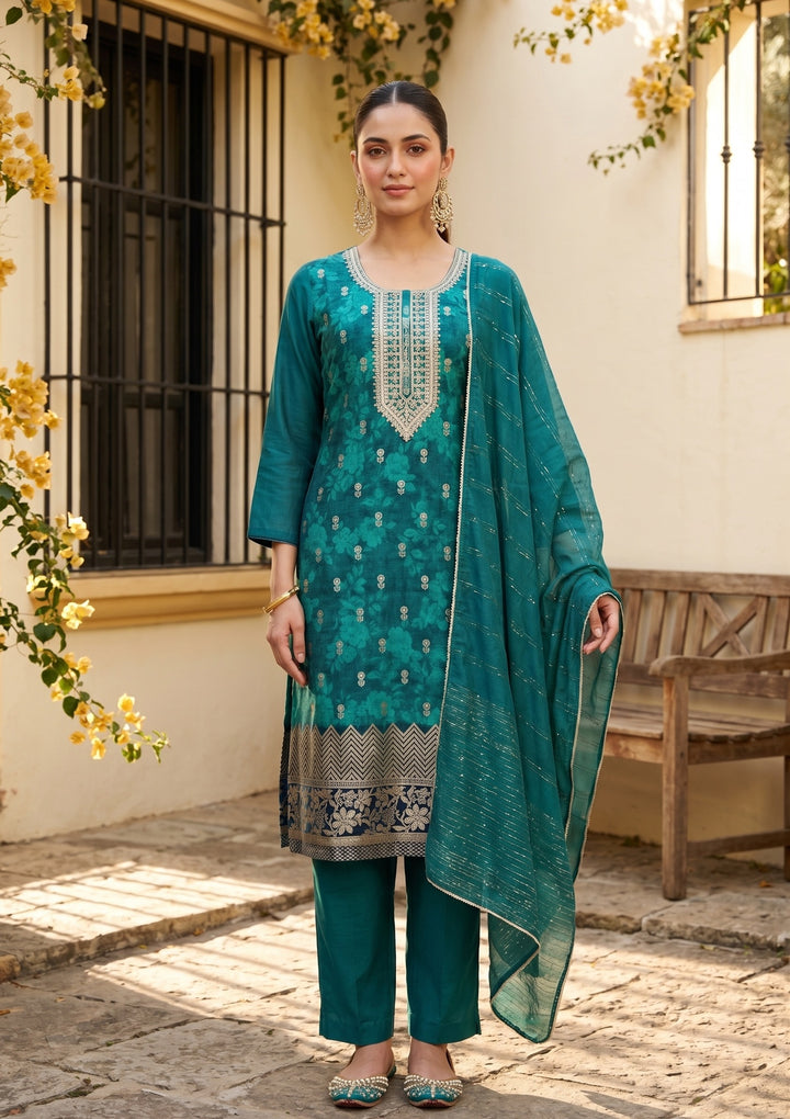 Rama Green Cording Chanderi Readymade Salwar Suit
