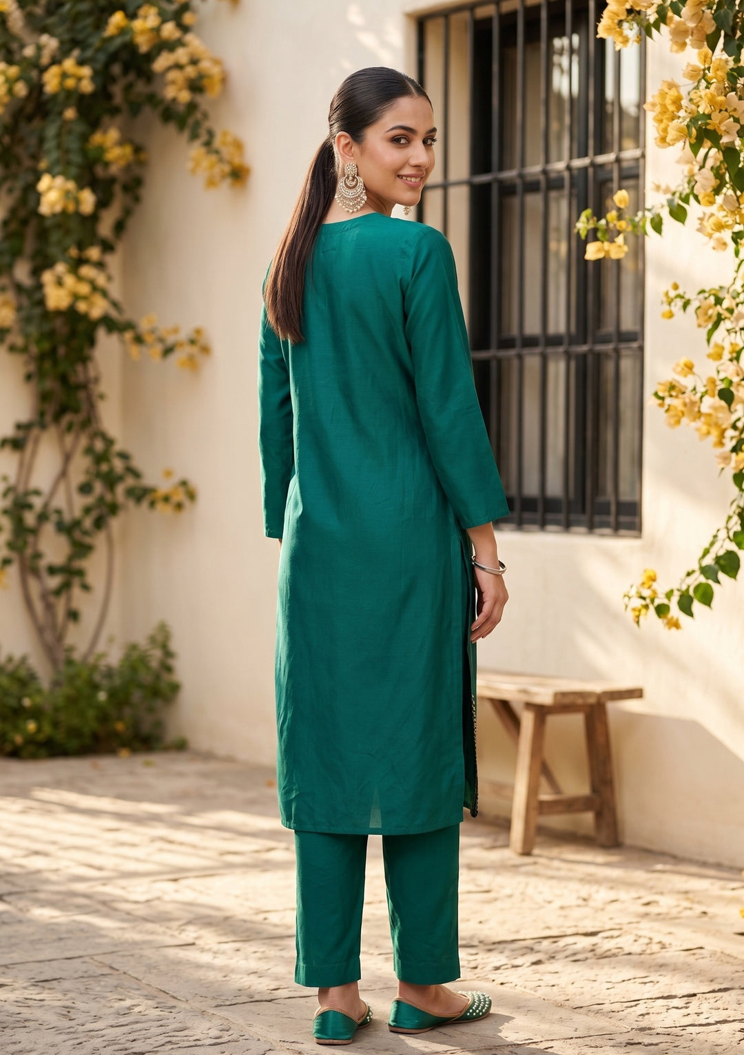 Rama Green Cording Chanderi Readymade Salwar Suit