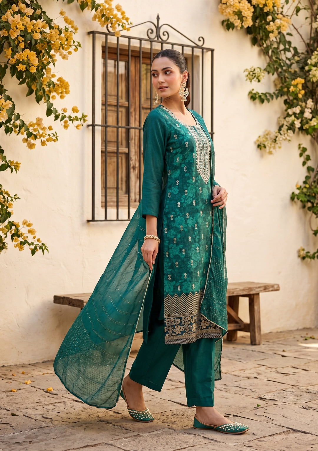Rama Green Cording Chanderi Readymade Salwar Suit