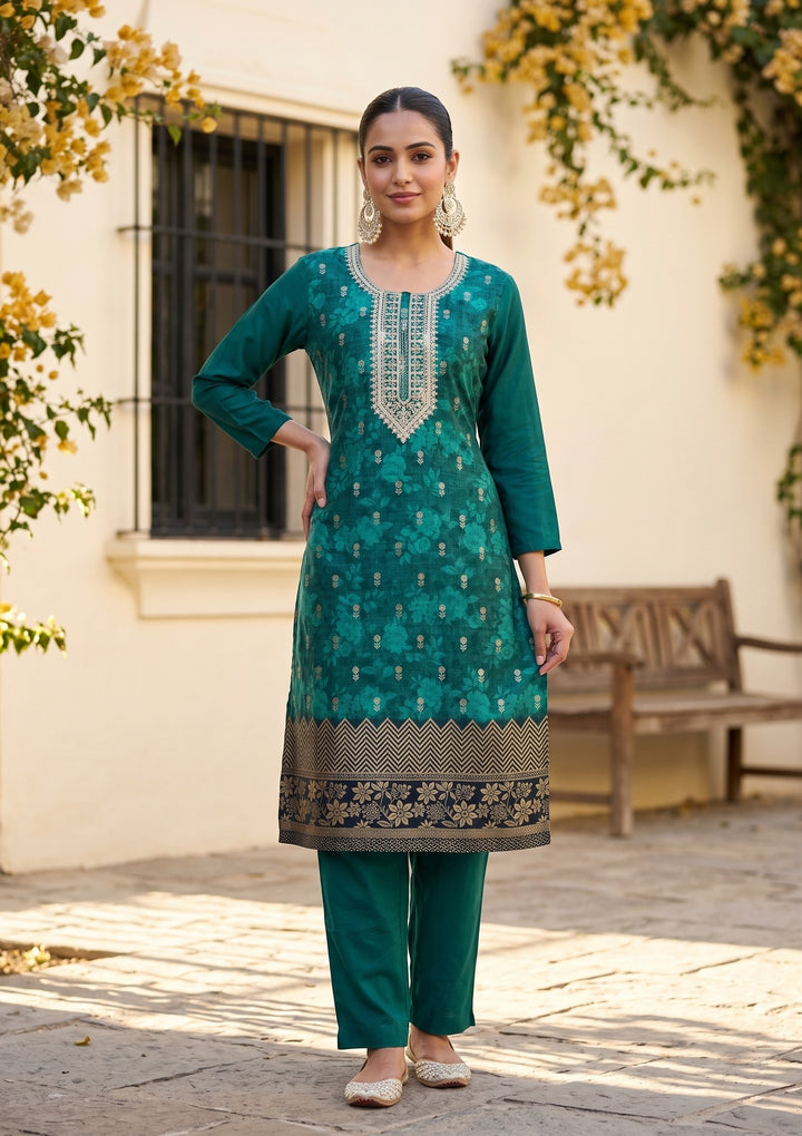 Rama Green Cording Chanderi Readymade Salwar Suit
