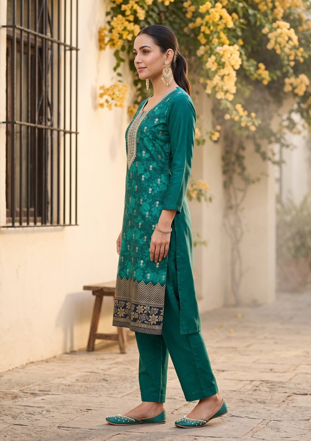 Rama Green Cording Chanderi Readymade Salwar Suit