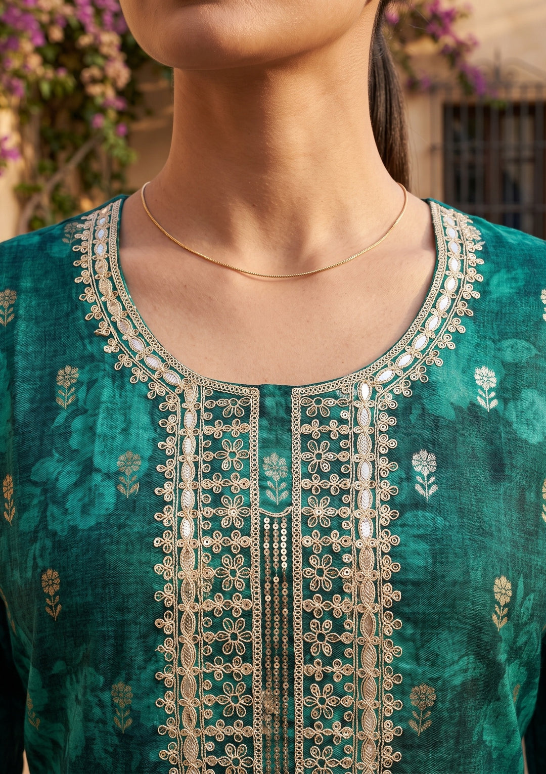 Rama Green Cording Chanderi Readymade Salwar Suit