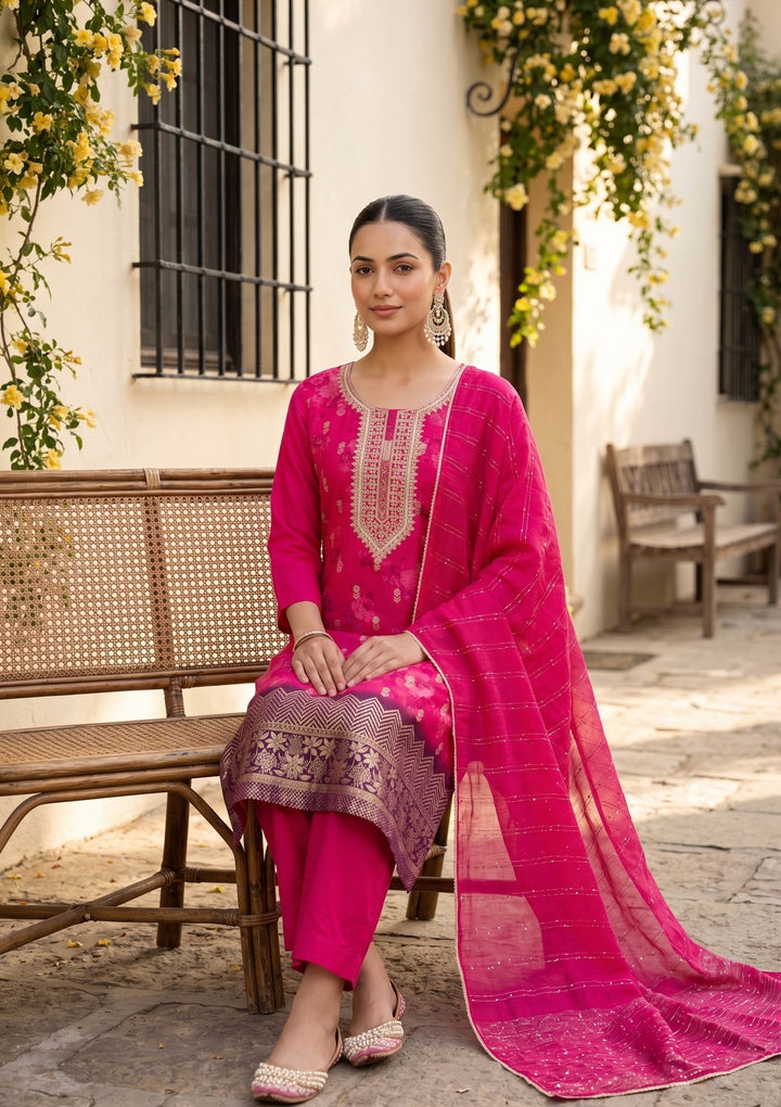 Rani Pink Cording Chanderi Readymade Salwar Suit