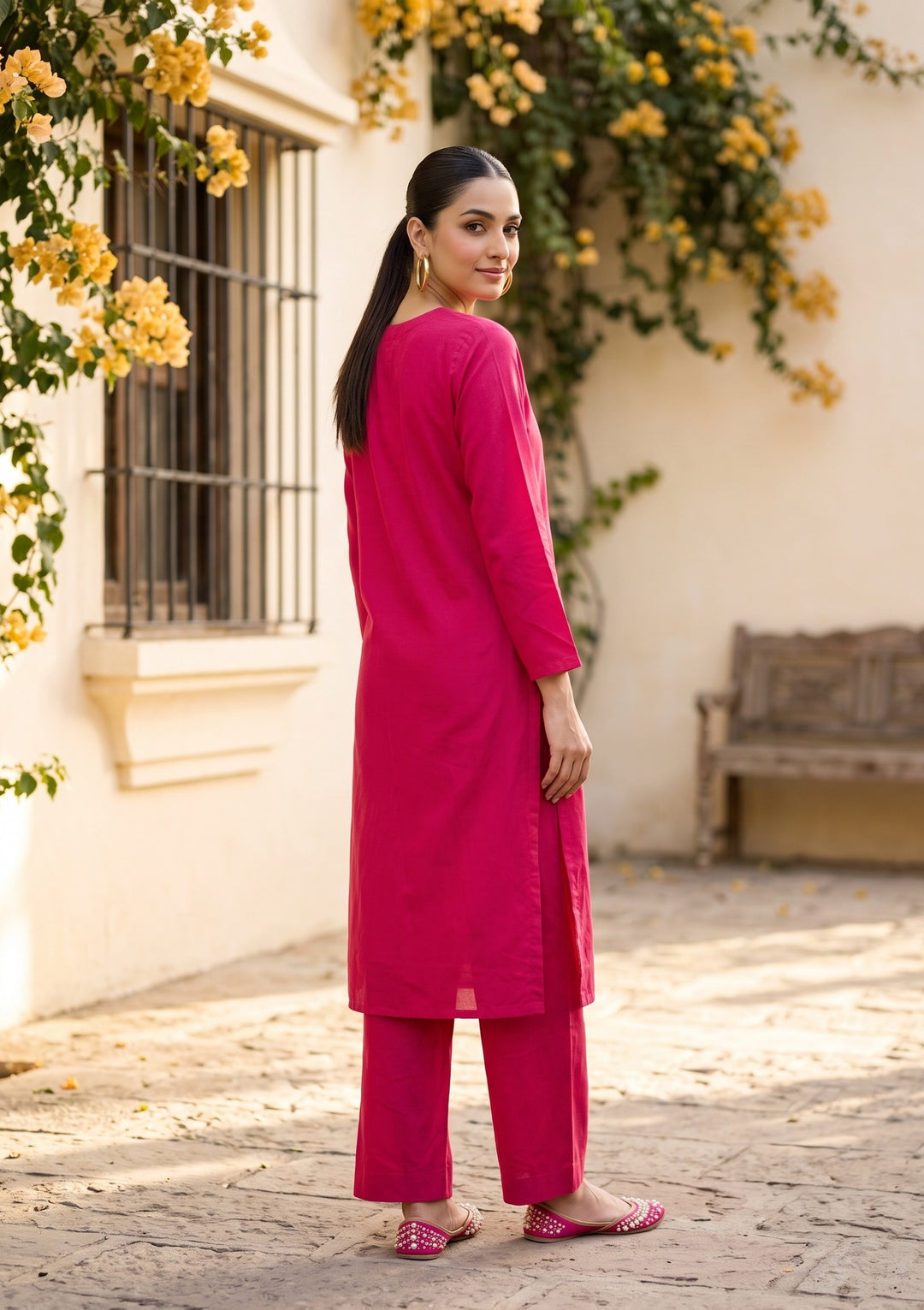 Rani Pink Cording Chanderi Readymade Salwar Suit