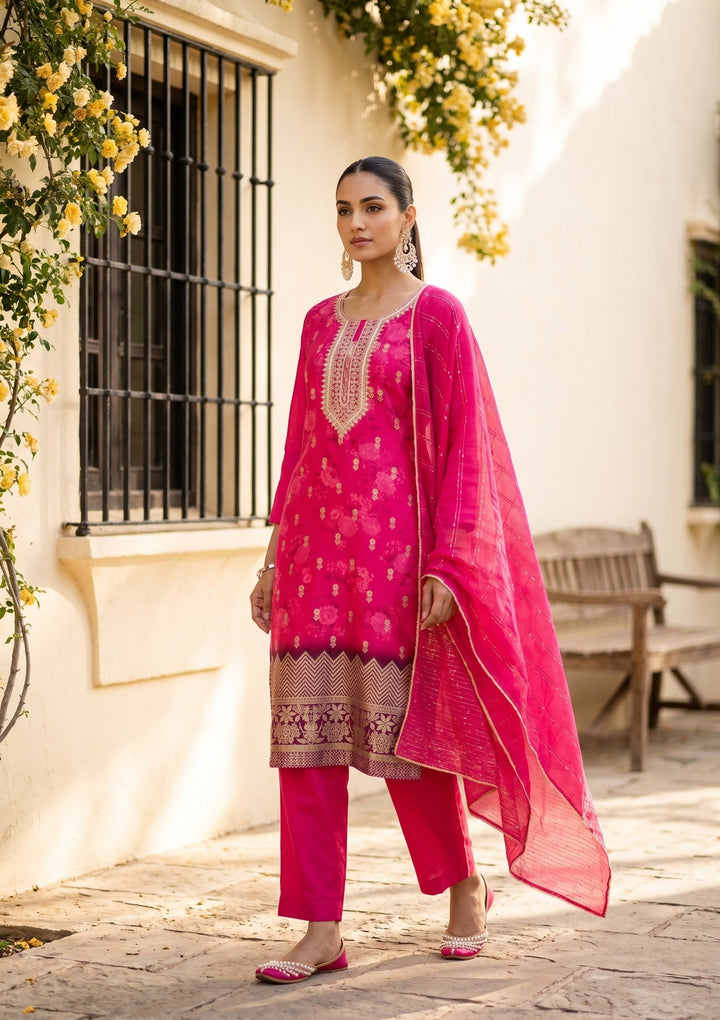Rani Pink Cording Chanderi Readymade Salwar Suit