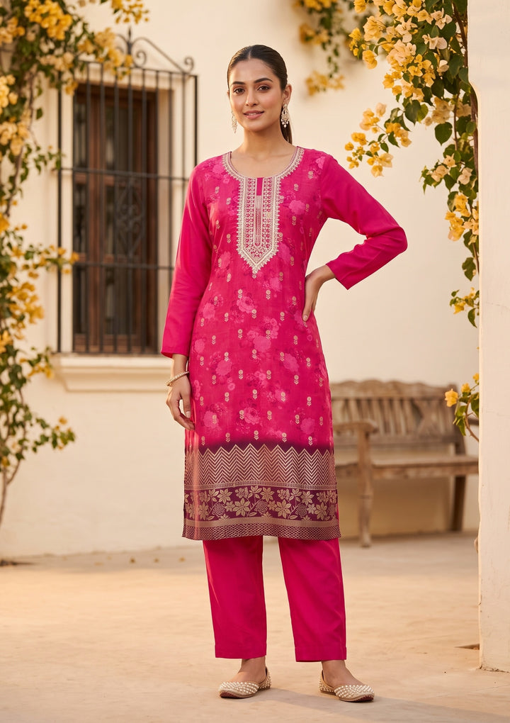 Rani Pink Cording Chanderi Readymade Salwar Suit