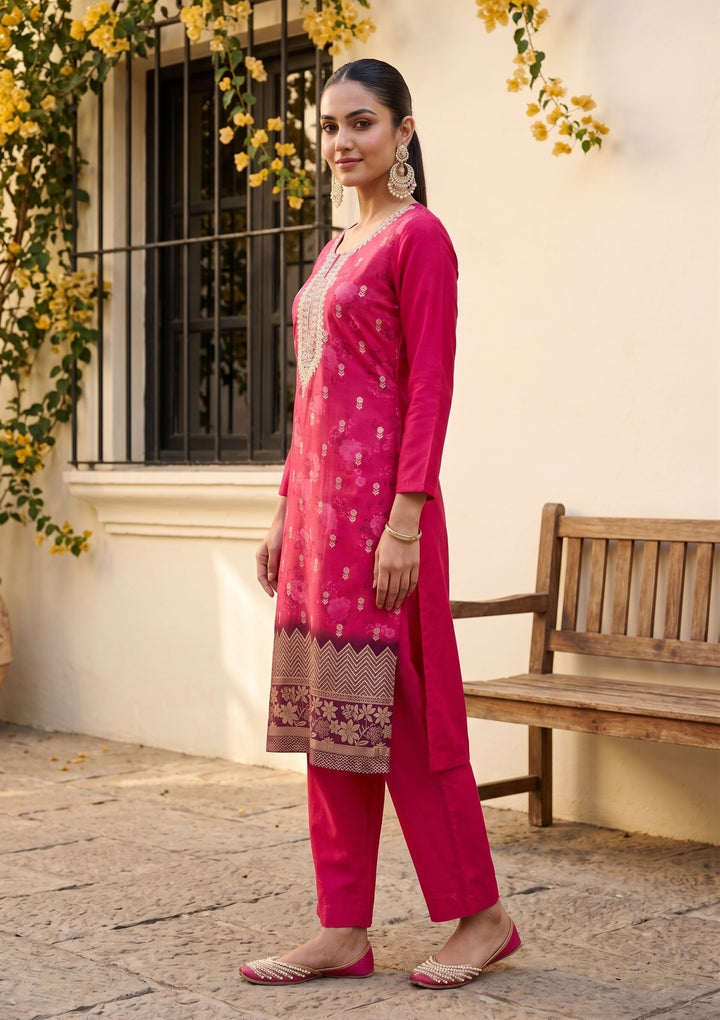Rani Pink Cording Chanderi Readymade Salwar Suit