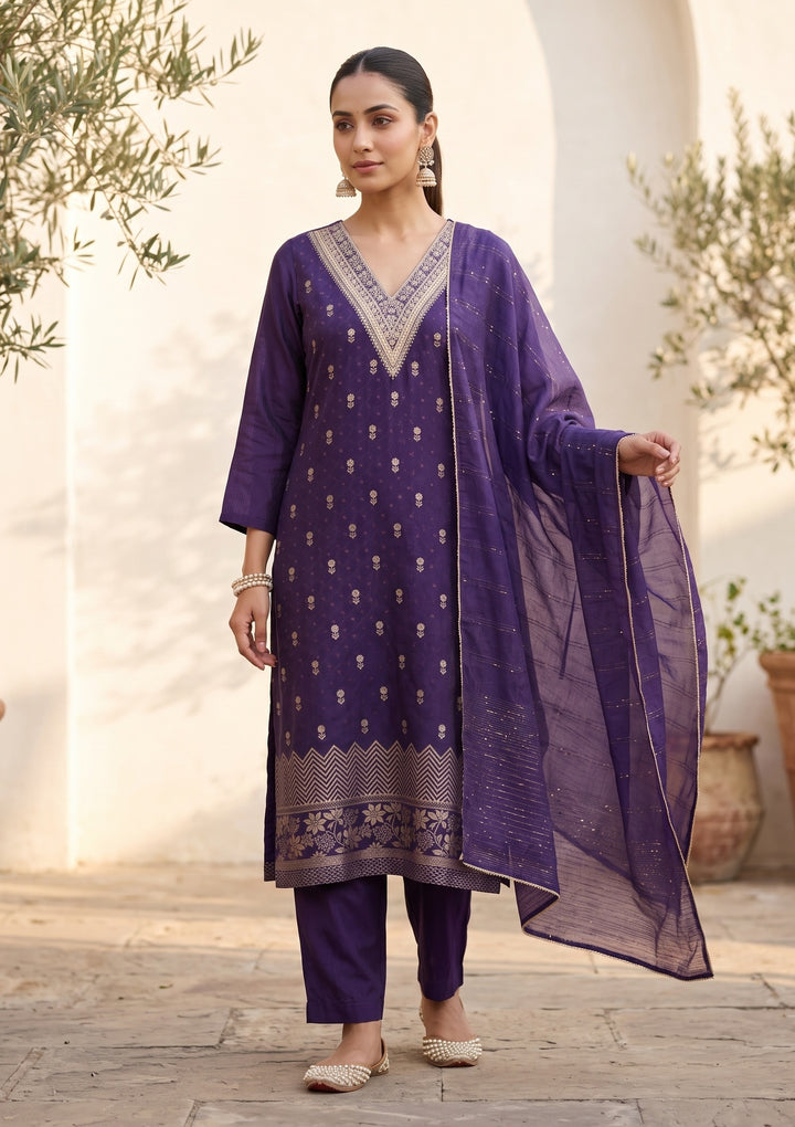 Purple Cording Chanderi Readymade Salwar Suit
