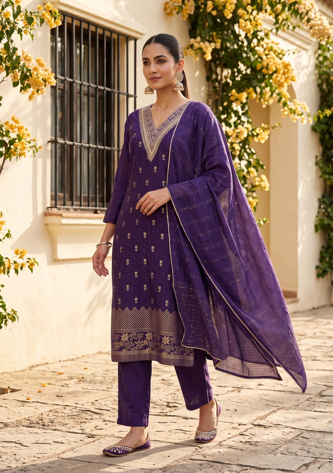Purple Cording Chanderi Readymade Salwar Suit