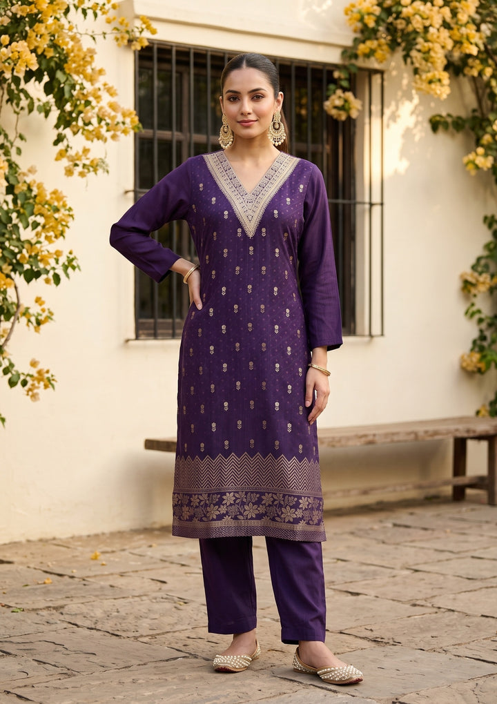 Purple Cording Chanderi Readymade Salwar Suit