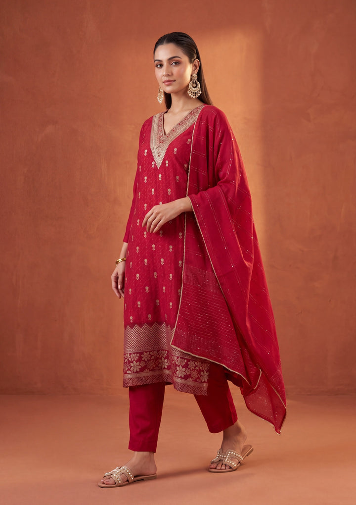 Red Cording Chanderi Readymade Salwar Suit