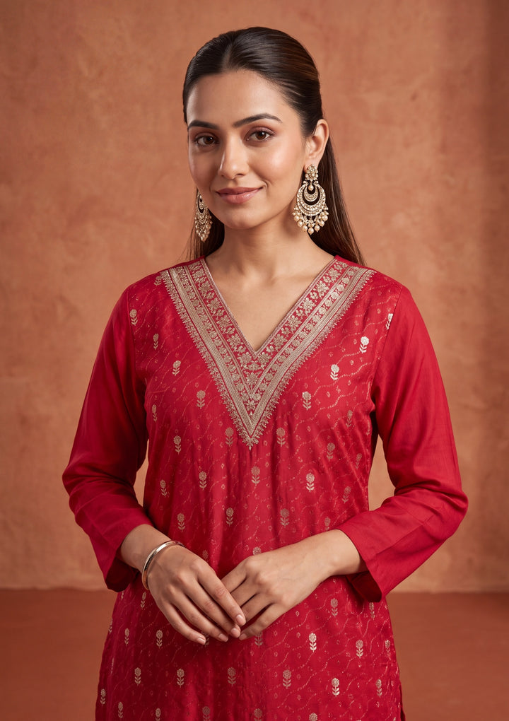 Red Cording Chanderi Readymade Salwar Suit