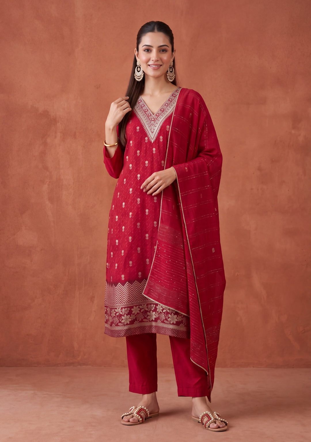 Red Cording Chanderi Readymade Salwar Suit