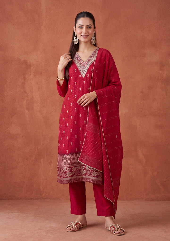 Red Cording Chanderi Readymade Salwar Suit