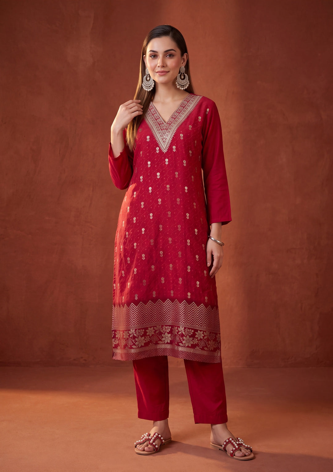 Red Cording Chanderi Readymade Salwar Suit
