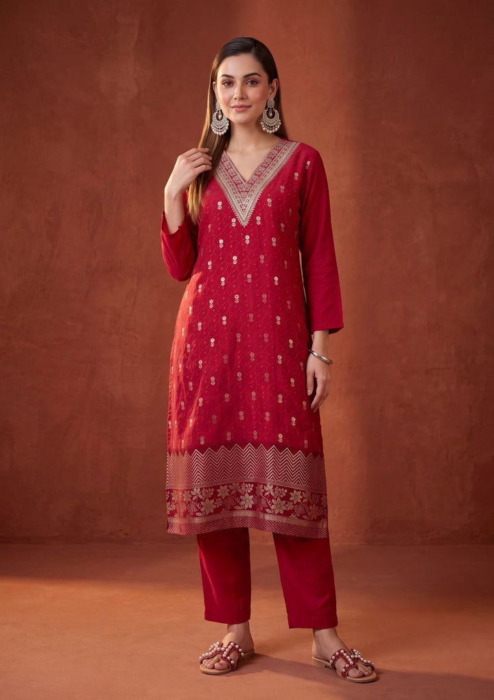 Red Cording Chanderi Readymade Salwar Suit