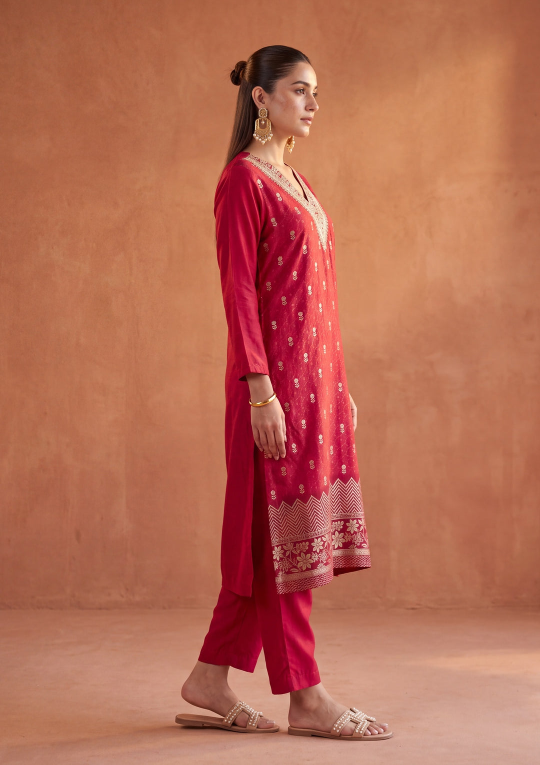 Red Cording Chanderi Readymade Salwar Suit