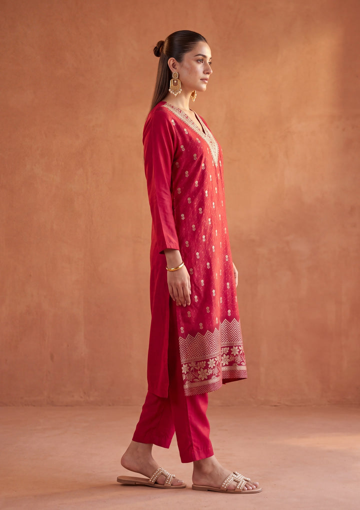 Red Cording Chanderi Readymade Salwar Suit